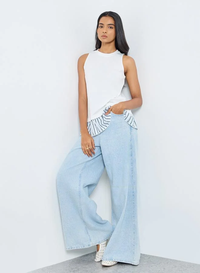 تايك تو بلوزة بدون أكمام بياقة مستديرة وحافة مخططة